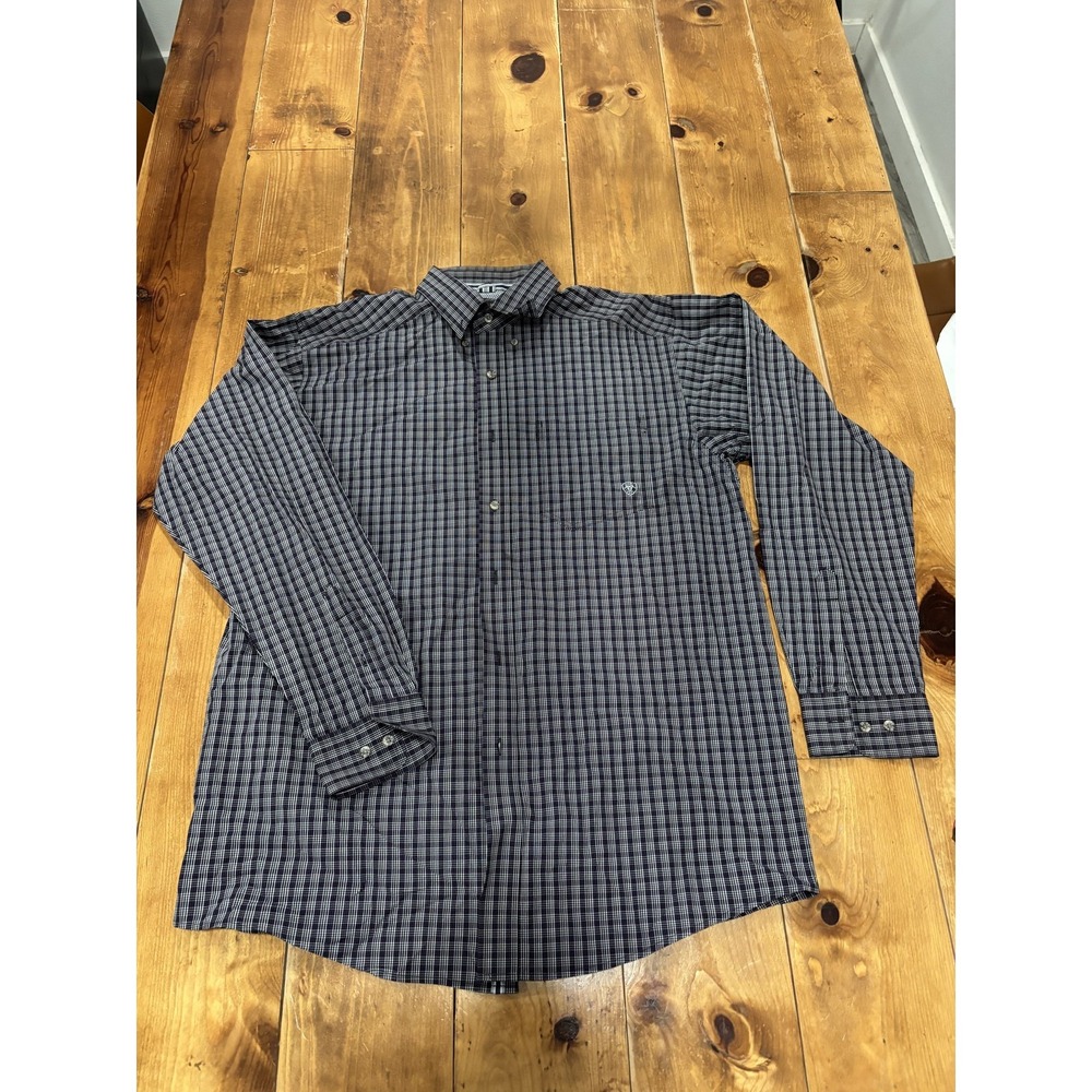 Ariat Pro Series Men's Large L/G Plaid Button Down Long Sleeve Shirt Black White